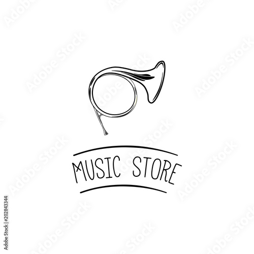 Horn icon. Music store label. Music shop logo. Wind Musical Instrument. Vector.