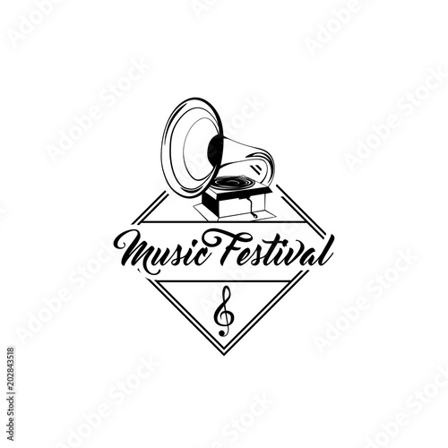 Gramophone icon. Music Festival emblem logo label. Treble clef. Vector.