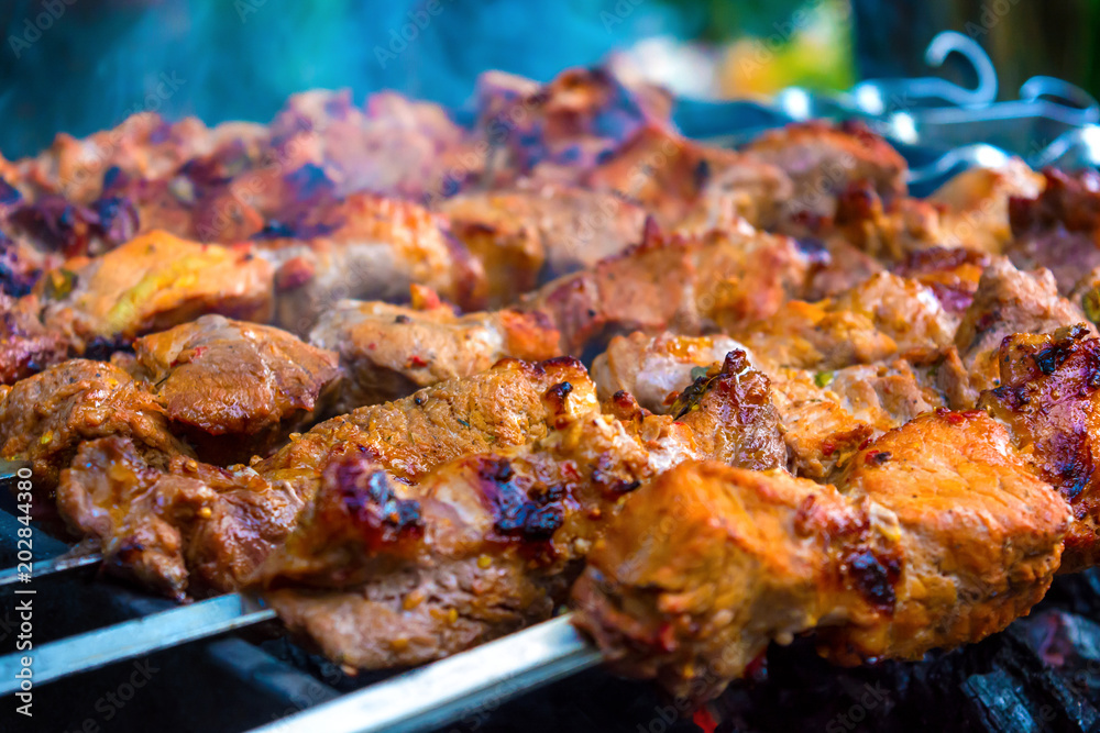 Photo of delicious pork barbecue fried on charcoal in the park