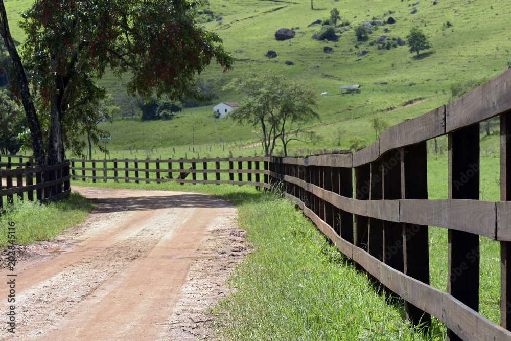Dirt road flanked by wood fence on countryside of Brazil Dirt road flanked by wood fence on countryside of Brazil