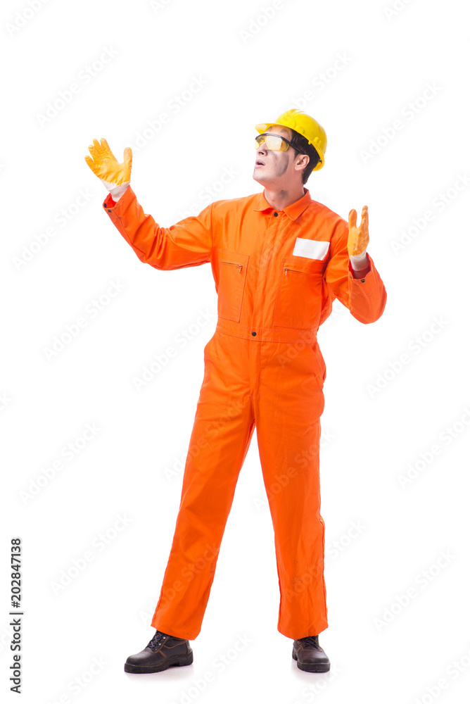 Contractor employee wearing coveralls isolated on white Contractor employee wearing coveralls isolated on white