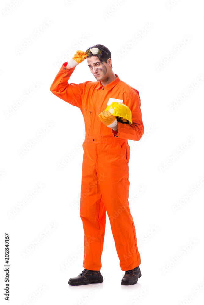 Contractor employee wearing coveralls isolated on white