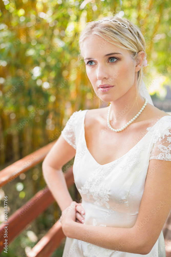 Pretty blonde bride standing on a bridge Pretty blonde bride standing on a bridge