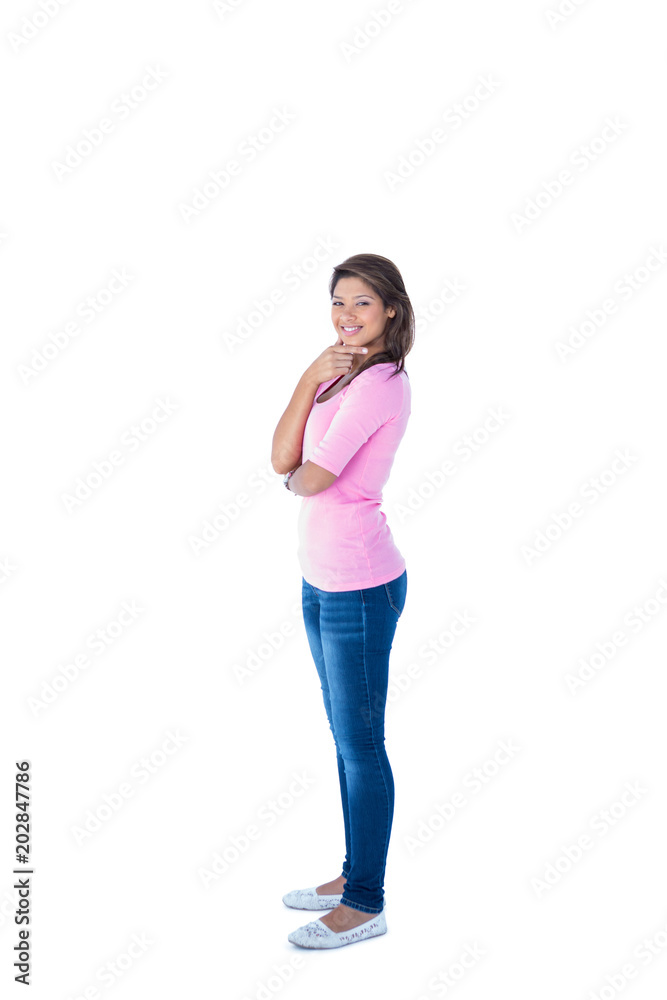 Side view of pretty brunette with one hand on chin Side view of pretty brunette with one hand on chin