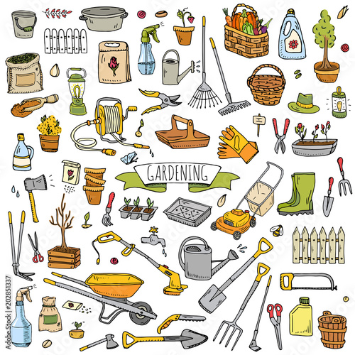 ПечатьHand drawn doodle set of Gardening icons. Vector illustration set. Cartoon Garden symbols. Sketchy elements collection: lawnmower, trimmer, spade, fork, rake, hoe, trug, wheelbarrow, hose reel.
