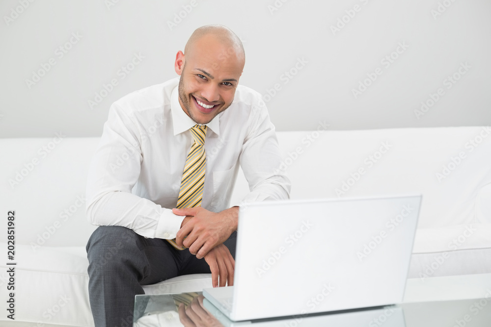 Smiling businessman using laptop on sofa at home Smiling businessman using laptop on sofa at home