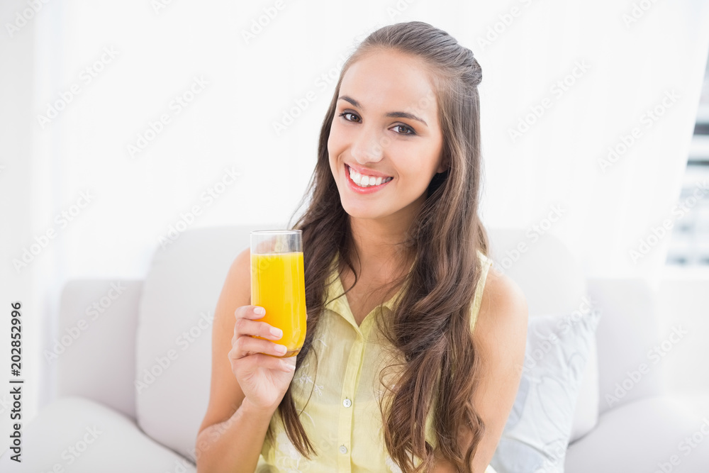 Smiling pretty brunette holding glass of orange juice Smiling pretty brunette holding glass of orange juice