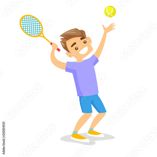 Caucasian white tennis player hitting the ball with a tennis racket. Young cheerful man playing tennis. Concept of sport and physical activity. Vector cartoon illustration isolated on white background