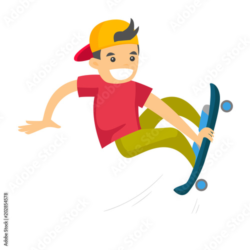 Caucasian white man riding a skateboard. Young sportsman skateboarding. Boy exercising with a skateboard. Leisure activities and sport concept. Vector cartoon illustration isolated on white background