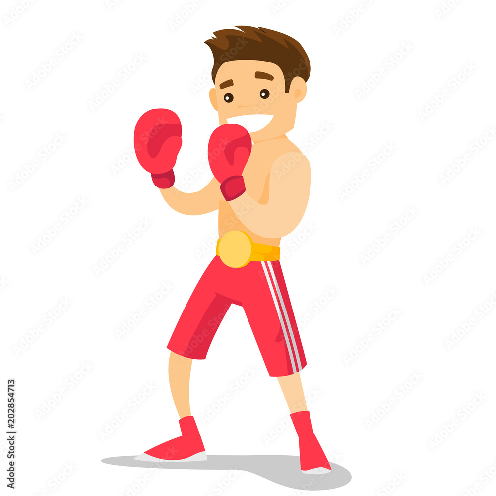 Smiling caucasian white boxer in red boxing gloves training during fitness workout. Male boxer exercising in boxing gloves. Vector cartoon illustration isolated on white background. Square layout. Smiling caucasian white boxer in red boxing gloves training during fitness workout. Male boxer exercising in boxing gloves. Vector cartoon illustration isolated on white background. Square layout.