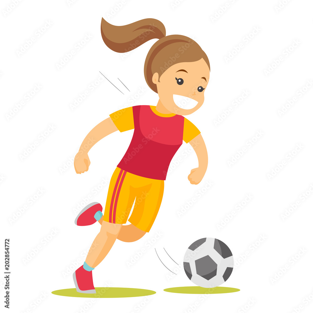 Young caucasian white soccer player kicking the ball during a game. Female  football player hitting a soccer ball. Concept of sport and physical  activity. Vector cartoon illustration. Square layout Векторный объект Stock  |