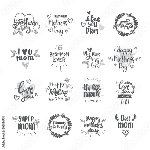 Happy Mothers Day Creative Hand Drawn Calligraphy Set Isolated Vector Illustration