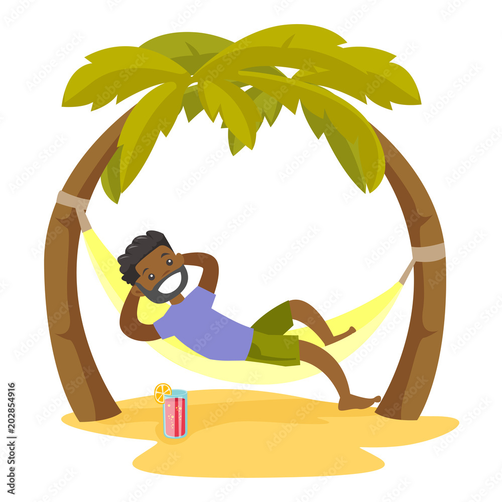 Young happy african-american man relaxing on the beach in a hammock under  the palm trees. Cheerful man lying in hammock on tropical beach. Vector  cartoon illustration isolated on white background. Stock Vector |
