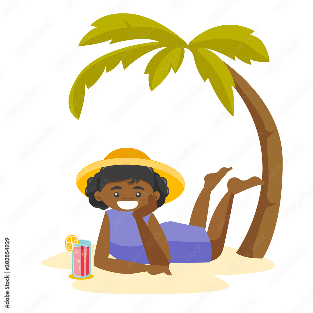 Φωτογραφία Young happy african-american woman in summer hat relaxing with a cocktail on the beach under the palm tree