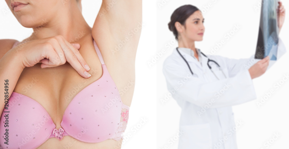 Composite image of woman performing self breast examination Composite image of woman performing self breast examination