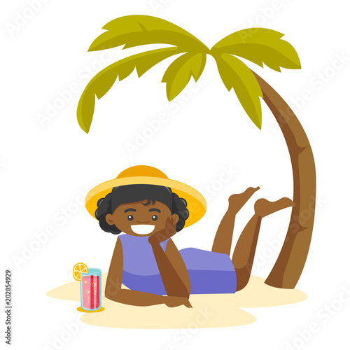 Young happy african-american woman in summer hat relaxing with a cocktail on the beach under the palm tree. Woman lying and sunbathing on tropical beach. Vector cartoon illustration. Square layout.
