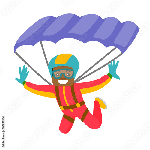 Black man flying with a parachute. Young happy man paragliding on a parachute. Professional parachutist performing sky dive jump. Vector cartoon illustration isolated on white background.