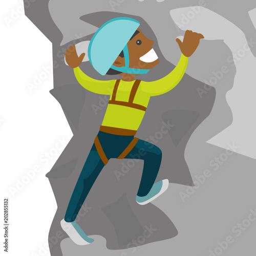Cheerful black climber in protective helmet climbing on a rock. Young smiling man climbing on a mountain. Vector cartoon illustration isolated on white background. Square layout.
