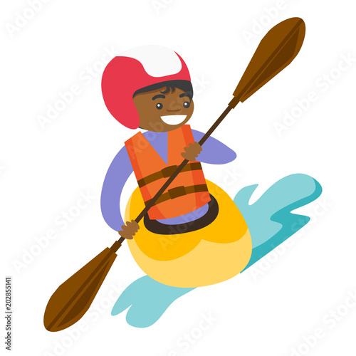 Black sportswoman in helmet and life jacket riding a kayak on river. Woman rowing with a paddle while traveling by boat. Woman paddling a canoe. Vector cartoon illustration. Square layout.