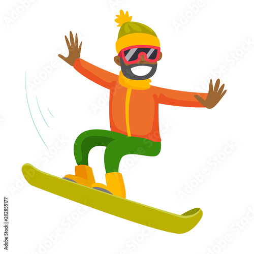 Young black man riding a snowboard. Hipster snowboarder snowboarding. Concept of sport and physical activity. Vector cartoon illustration isolated on white background. Square layout.