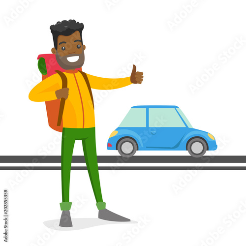 Young black man with a backpack holding thumb up to catch a taxi car. Hipster hitchhiking man trying to stop a taxi car on a highway. Vector cartoon illustration isolated on white background