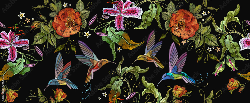 Φωτογραφία Beautiful bouquet and tropical humming bird pattern
