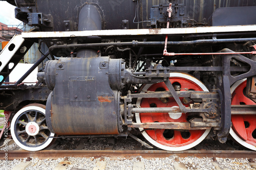 Old black steam train locomotive of partial closeup