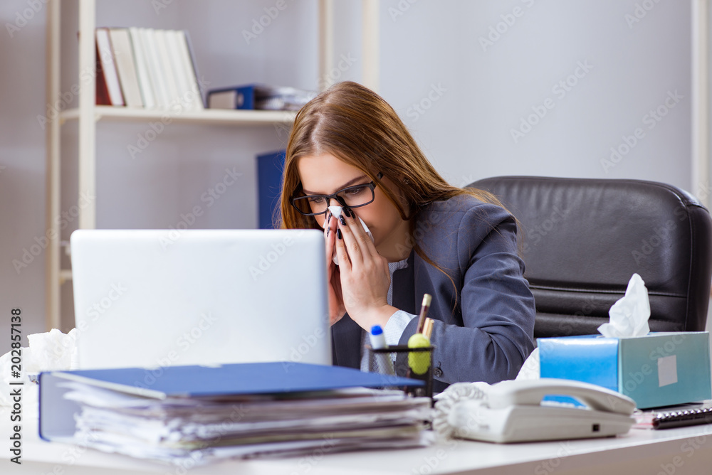 Businesswoman employee sick in the office Businesswoman employee sick in the office