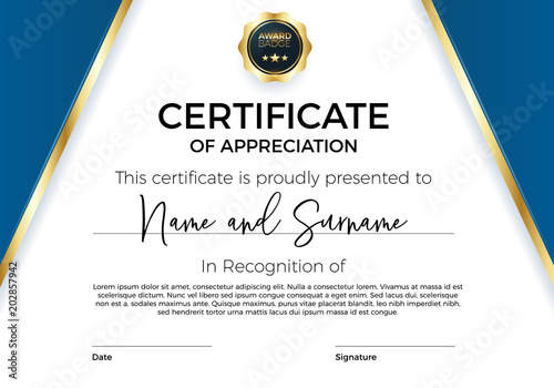 Certificate of appreciation or achievement with award badge. Premium Vector template for awards and diplomas. Modern, luxurious, elegant and minimal design.