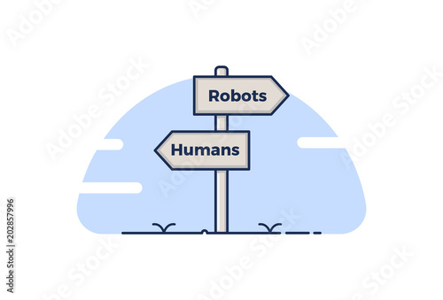 Road sign pointing towards the 4th industrial revolution. Signboards pointing towards 2 concepts represented with the words Humans and Robots. Robots replacing humans at jobs. Vector illustration