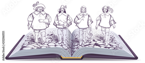 Open book historical novel illustration about three musketeers