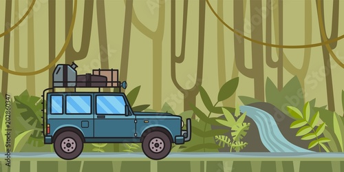 SUV car with luggage on the roof moving through the jungle forest. Off-road vehicle in the tropical forest. Vector illustration. Flat style. Horizontal.