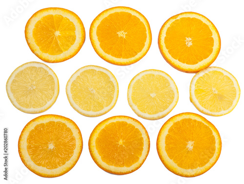 Sliced orange and lemon isolated on white background
