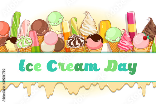 Ice cream poster. Brightly colored ice cream, waffle cones, popsicles on a beautiful background. Cartoon illustration for web, advertising, banner, poster, flyer, business card. Vector illustration.