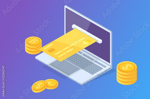 Online payment isometric concept  with cash receipt. Mobile purse. Vector illustration