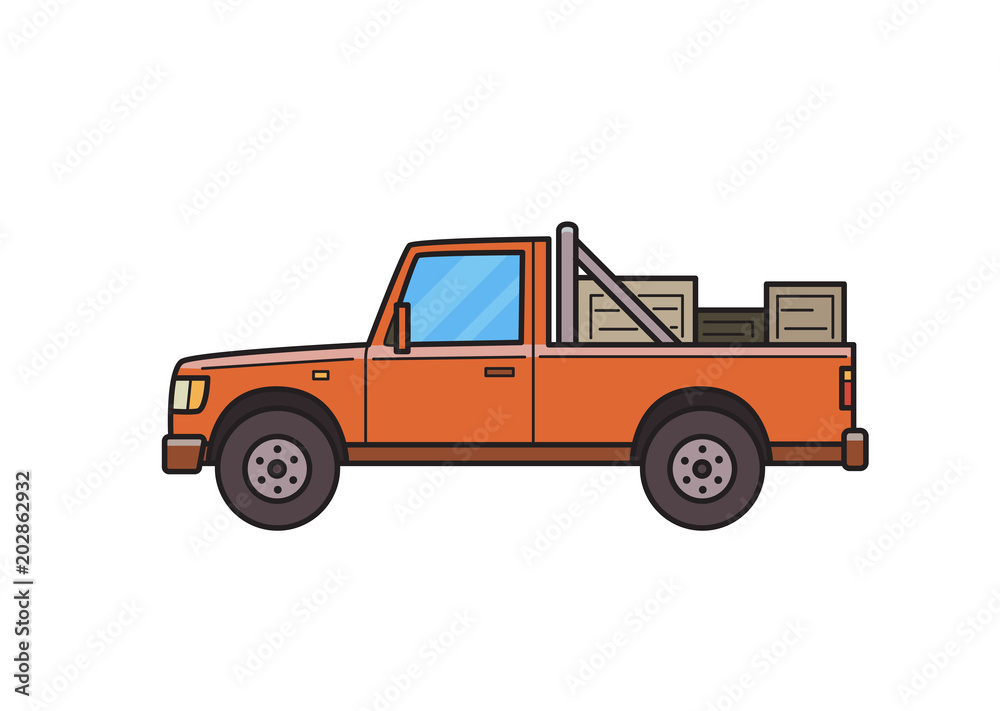 Pickup truck with boxes in the trunk. Delivery car, side view. Isolated image on white background. Vector illustration. Flat style.
