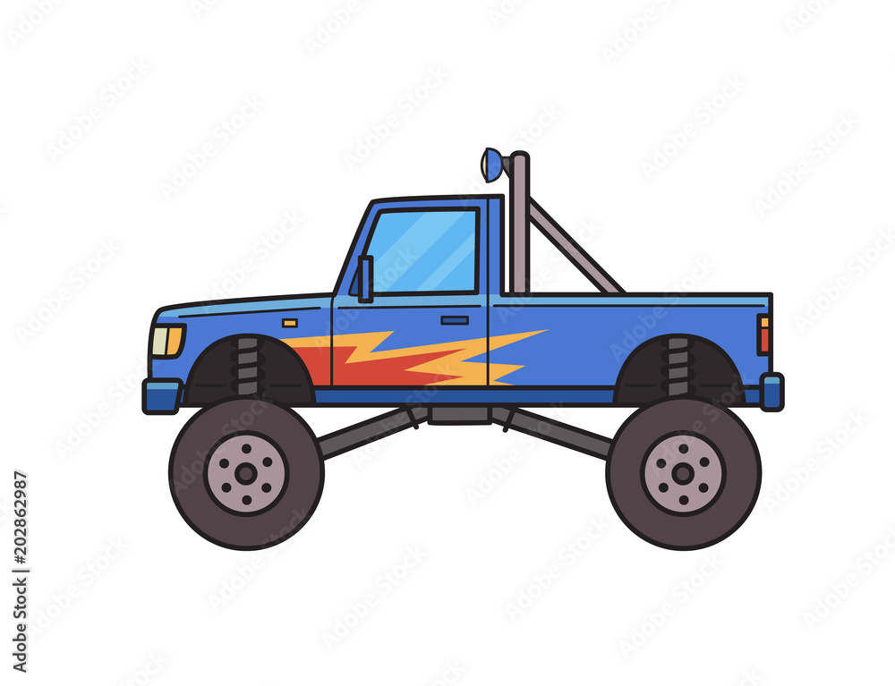 Big wheel monster truck decorated with fire pattern. Bigfoot truck, side view. Isolated image on white background. Vector illustration. Flat style.