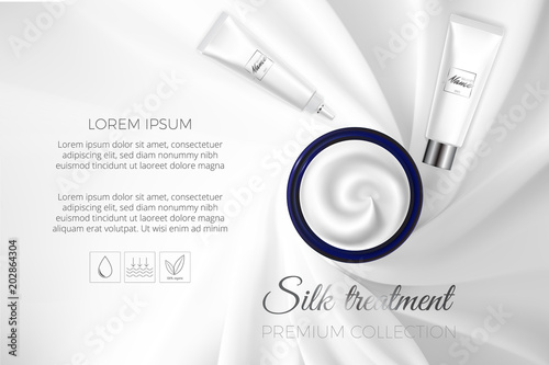 Advertising poster for cosmetic product for catalog, magazine. Vector design of cosmetic package. Advertising of tonal cream, concealer, base. Nutritious cream, gel, body lotion with protein of silk.