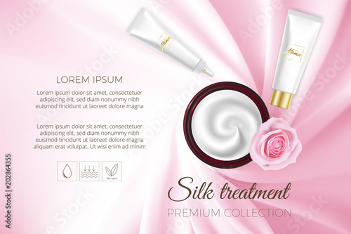 Advertising poster for cosmetic product for catalog, magazine. Vector design of cosmetic package. Advertising of tonal cream, concealer, base. Nutritious cream, gel, body lotion with protein of silk.