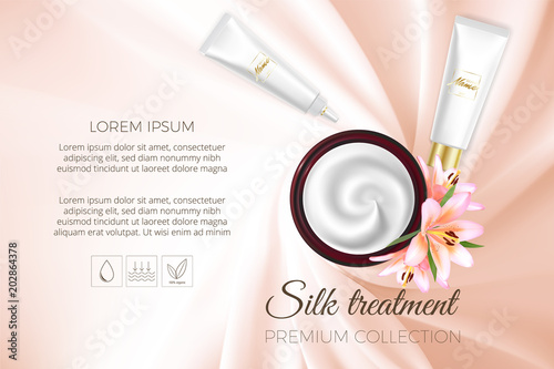 Advertising poster for cosmetic product for catalog, magazine. Vector design of cosmetic package. Advertising of tonal cream, concealer, base. Nutritious cream, gel, body lotion with protein of silk.