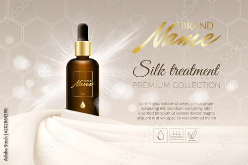 Advertising poster for cosmetic product for catalog, magazine. Vector design of cosmetic package. Advertising of tonal cream, concealer, base. Nutritious cream, gel, body lotion with protein of silk.
