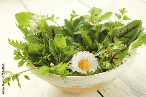 Wild Wildkräuter frischer Salat Wildkräutersalat Schale Tisch frisch essbare Blüten