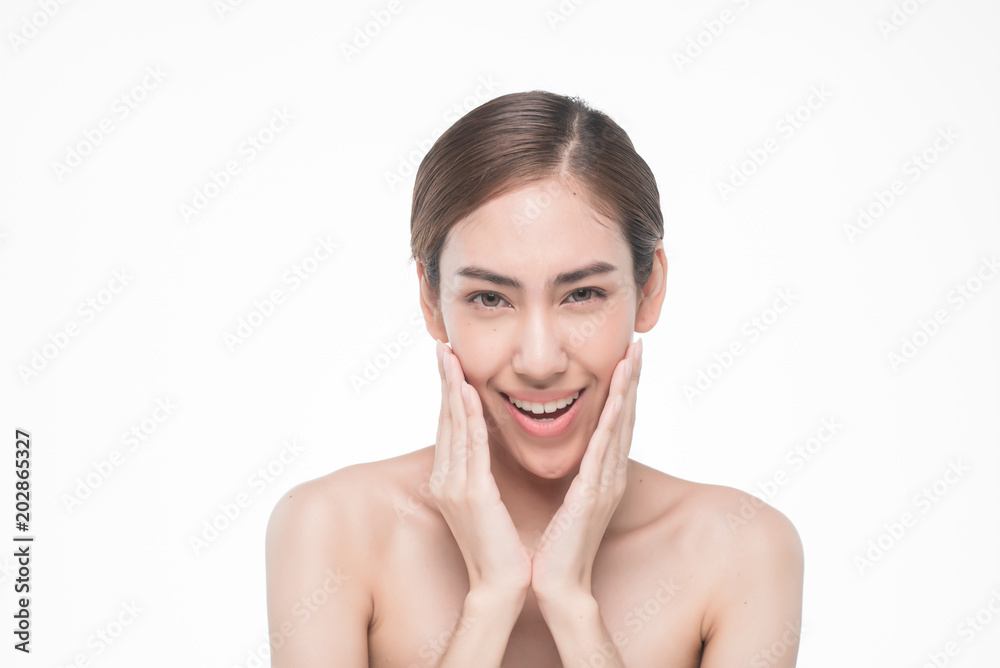 Young beautiful asia woman touching her face isolated on white background concept skincare cosmetic Young beautiful asia woman touching her face isolated on white background concept skincare cosmetic
