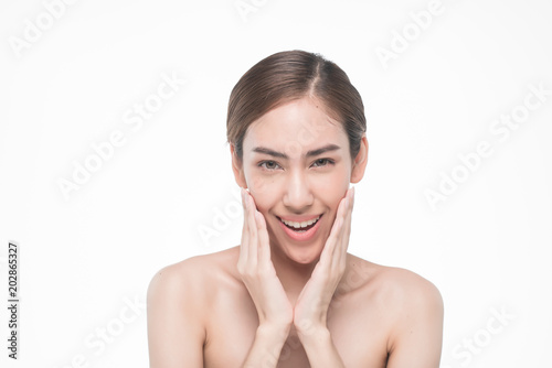 Young beautiful asia woman touching her face isolated on white background concept skincare cosmetic