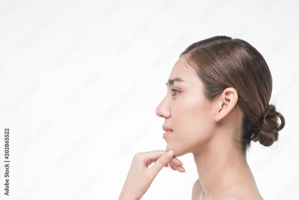 Young beautiful asia woman touching her face isolated on white background concept skincare cosmetic Young beautiful asia woman touching her face isolated on white background concept skincare cosmetic