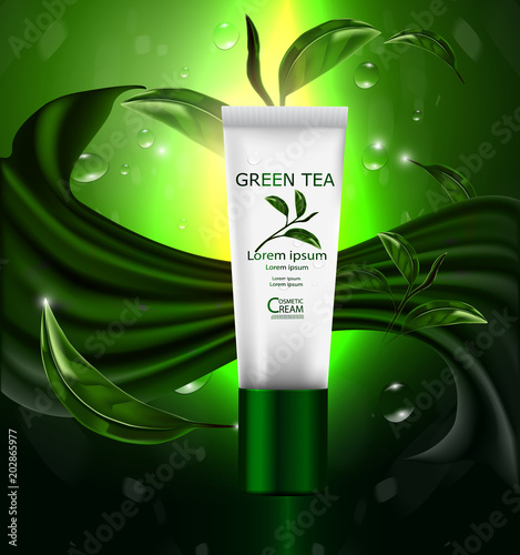 Luxury cosmetic Bottle package skin care cream, Green tea serum set, Beauty cosmetic product poster, with Bokeh and Water background