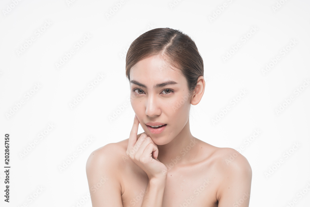 Young beautiful asia woman touching her face isolated on white background concept skincare cosmetic Young beautiful asia woman touching her face isolated on white background concept skincare cosmetic