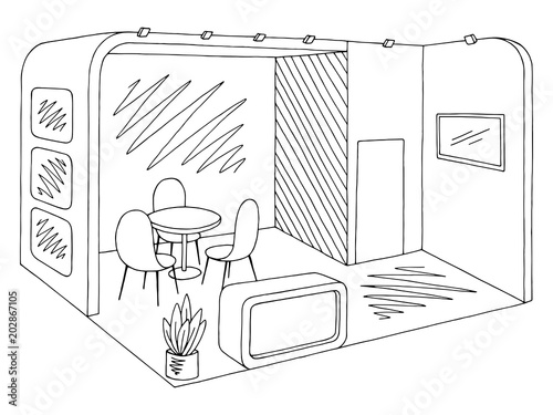Exhibition stand graphic interior black white sketch illustration vector