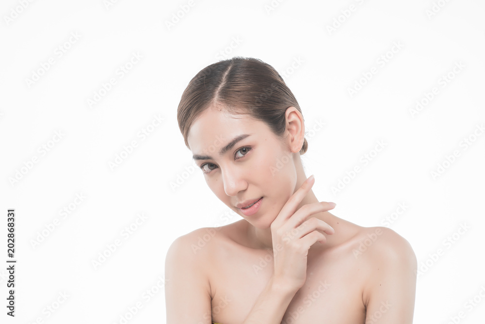Young beautiful asia woman touching her face isolated on white background concept skincare cosmetic Young beautiful asia woman touching her face isolated on white background concept skincare cosmetic