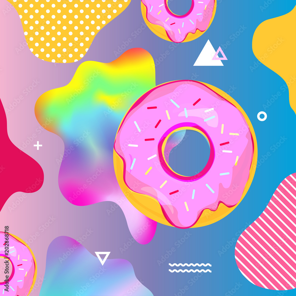 Fluid multicolored background with donuts vector illustration. Fluid color cover design with geometric shapes and donuts. Colorful food pattern texture. Template background